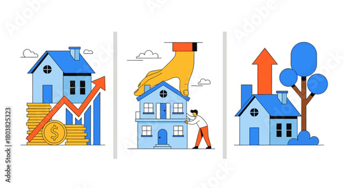 Real estate market growth and investment concept with houses and rising arrows