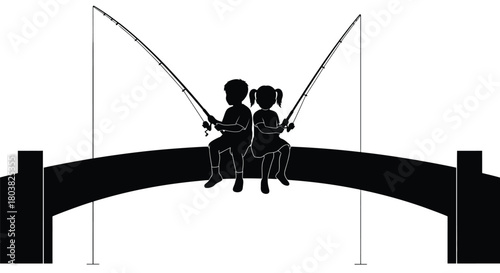 Brother and sister fishing, black silhouette on white background