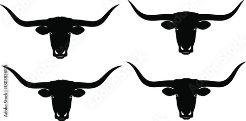 Longhorn bull head silhouette vector set, Texas cattle skull style horns illustration for Western ranch logo, cowboy branding design, farm animal graphics