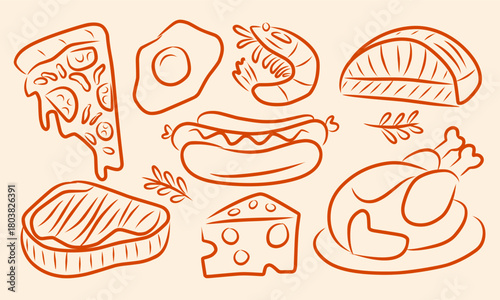 Hand-Drawn Food Set in Minimal Line Art for menu illustrations.