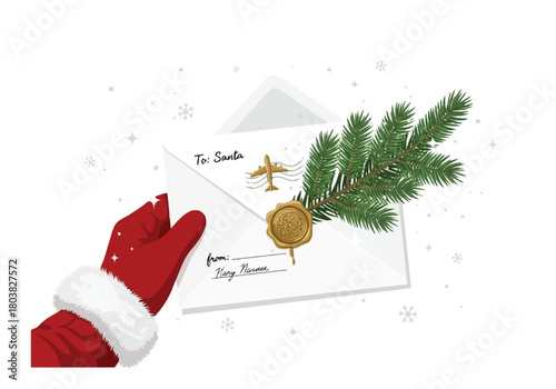 Hand Holding an Envelope to Santa Claus with Evergreen Branch and Wax Seal Festive Holiday Illustration