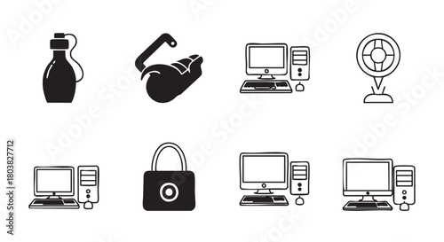 Simple Icons for Technology Security and Daily Essentials in Black and White