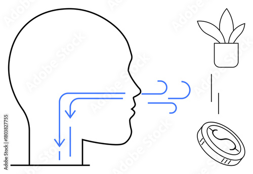 Outline of person inhaling fresh air with blue arrows, potted plant, coin, and lines. Ideal for wellness, health, environment, respiration, mindfulness clean air simple flat metaphor