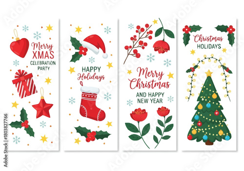 Festive Christmas and New Year Greeting Cards Set Holiday Celebration Banners