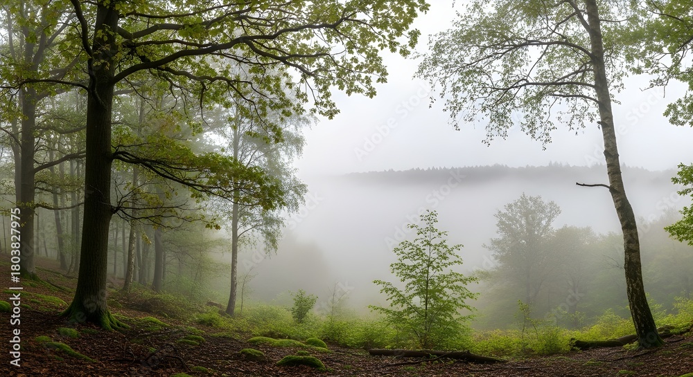 Obraz premium Ethereal morning mist rolling through a lush green hillside forest