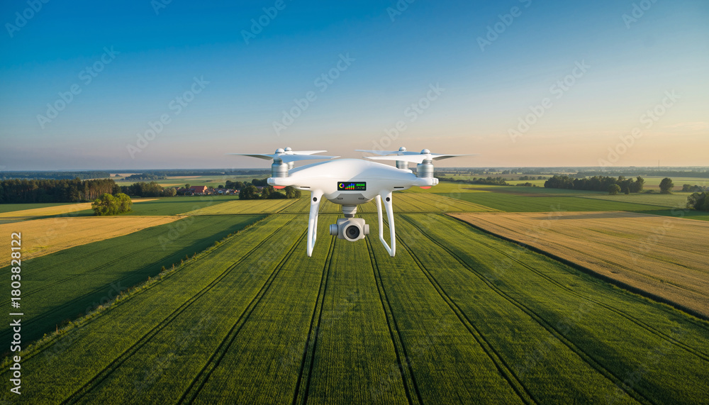Fototapeta premium Drone farmland NDVI plant health data digital mapping overlay agriculture—A white quadcopter drone hovers above green farmland capturing NDVI plant health data with digital mapping overlay clear
