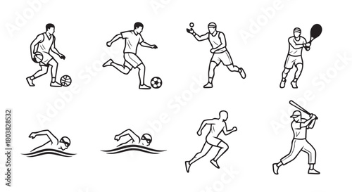 Sports Silhouettes Featuring Basketball Soccer and Swimming Activities in Black and White