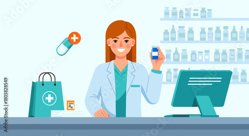 A friendly female pharmacist in a white lab coat holds up a small blue bottle of medication at a pharmacy counter
