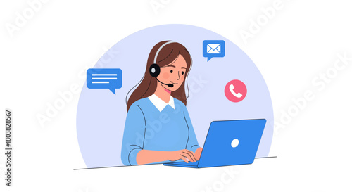 Customer service operator with headset and laptop, communication icons, isolated on
