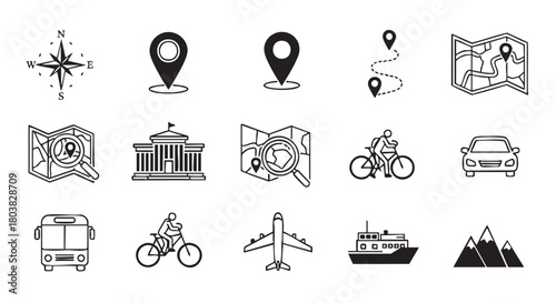 Travel and transportation icon set representing various travel methods