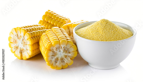 Wallpaper Mural Fresh corn cornmeal white bowl yellow food ingredient isolated healthy organic natural closeup vibrant Fresh corn and cornmeal white bowl isolated white background showcasing vibrant yellow color Torontodigital.ca