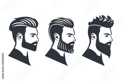 Stylized men profiles showcase various hair and beard styles against a clean white background