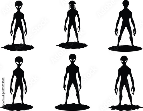 Alien silhouettes, extraterrestrial humanoid figures, sci-fi concept art, mysterious beings, futuristic character design flat vector