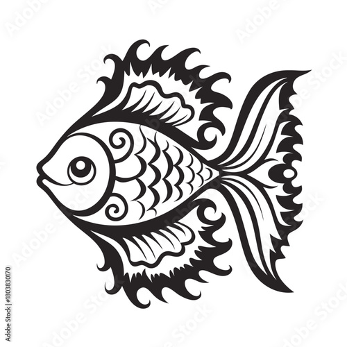 Stylized single fish swims gracefully with ornate markings in a detailed black rendering