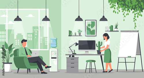 Modern office interior with two people working and plants, creating a productive and green workspace
