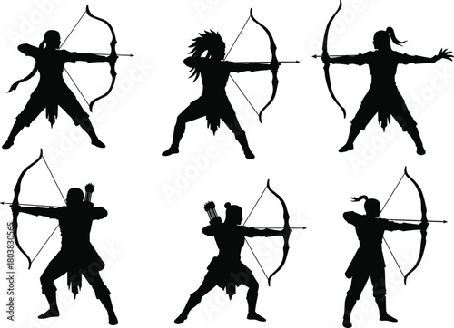 Archers aiming with bows and arrows, archery sport, combat stance, precision shooting flat vector illustration