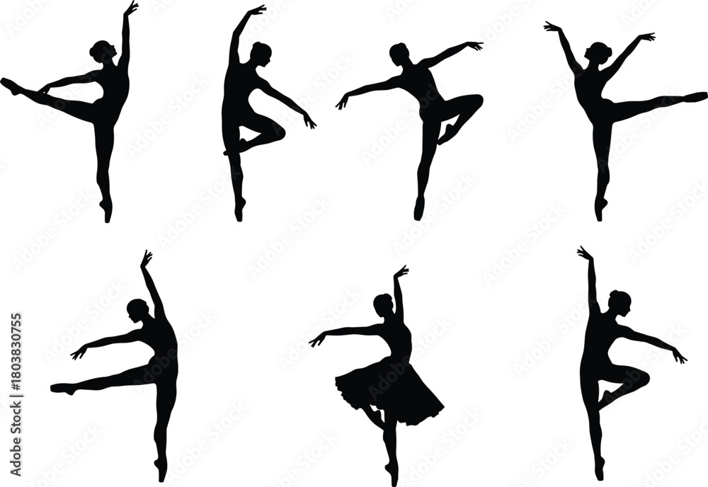 Fototapeta premium Ballet dancers in elegant poses, classical dance, performance art, grace, movement, choreography flat vector illustration