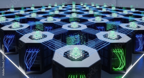 Glowing data towers interconnected in modern digital datacenter