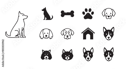Variety of dog breeds represented as simple line icons set
