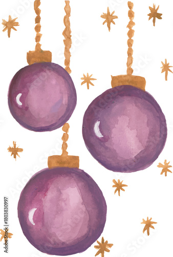 Watercolor Purple Christmas Ornaments with Golden Stars