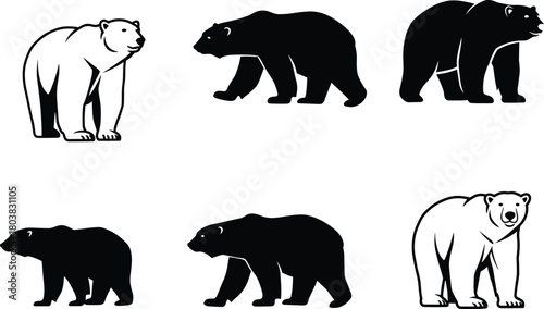 Bear silhouettes collection, standing, walking, cartoon style, wild animals, forest wildlife, black shapes, strong poses, flat vector