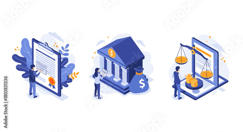 Isometric illustration of legal and financial concepts, including contracts, banking, and justice scales