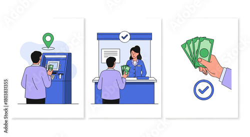 Set of illustrations showing banking services atm withdrawal, teller transaction, and cash payment