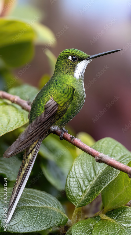 Fototapeta premium Green hummingbird perched on branch long tail white throat vibrant feathers tropical foliage nature wildlife peaceful scene