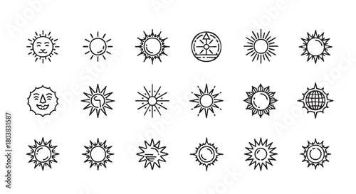 Various Sun Icons in Black and White Line Art Illustration