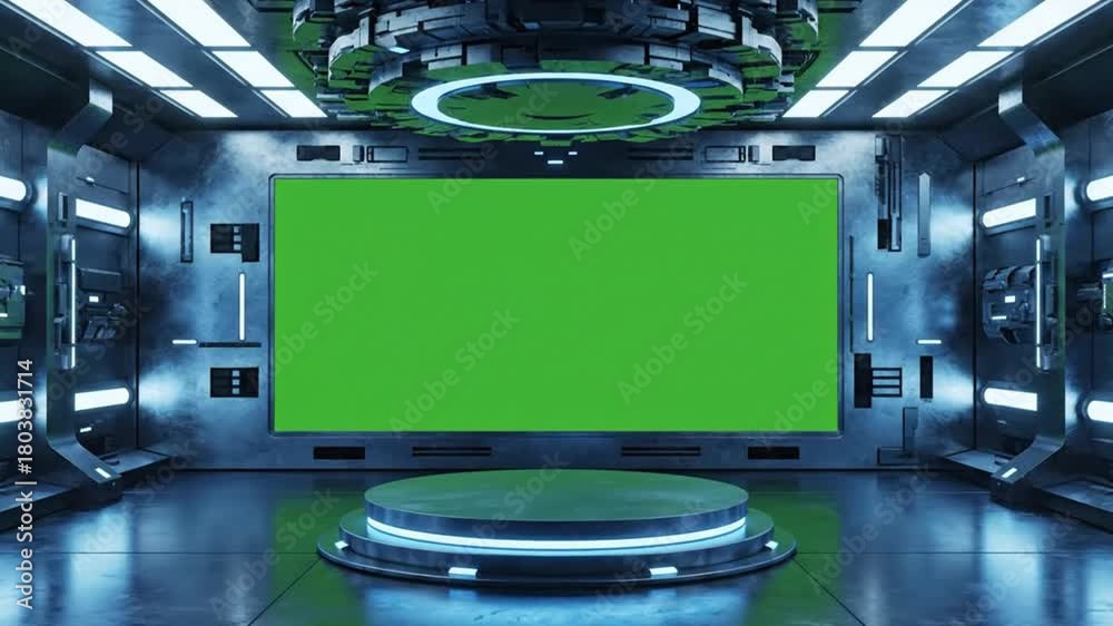 Futuristic high tech sci fi room with large greenscreen display and ...