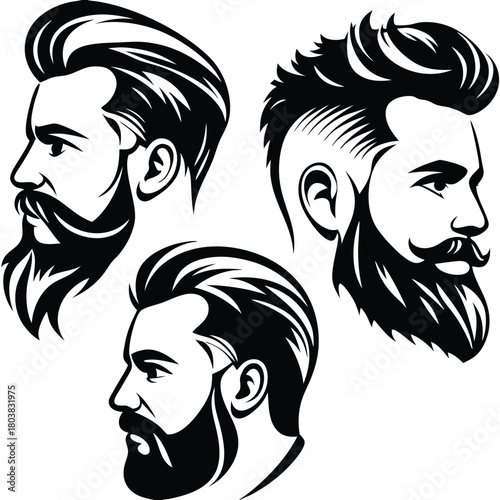 Three bearded Caucasian men present modern and fashionable haircuts in stark black and white