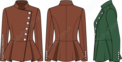Vector illustration of women tailored jacket, front back and side view, technical flat sketch, asymmetric button closure, stand collar, peplum waist, fashion design template.