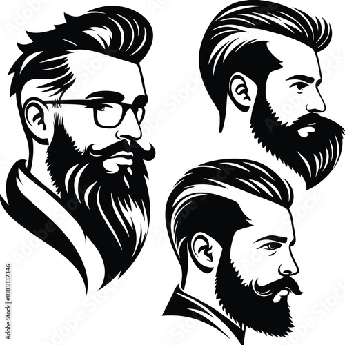 Three bearded Caucasian men profiles exhibit varying hairstyles in black and white monochrome