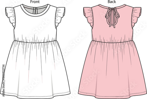 Vector technical flat sketch of baby girl dress featuring front and back views, flutter sleeves, keyhole closure, gathered waist, pink color for fashion templates.