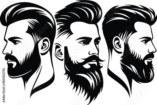 Three bearded caucasian men feature stylish hair and beard styles in monochrome