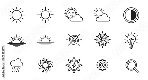 Weather icons collection with sun rain sunset and hurricane in outlines