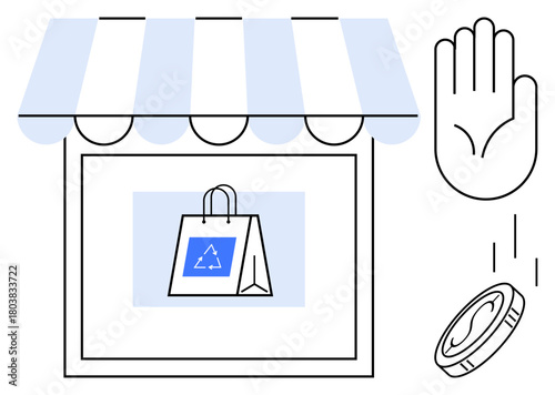 Eco-friendly shopping bag with recycling logo under a marketplace awning, coin dropping from a hand. Ideal for sustainability, green initiatives, e-commerce, charity, shopping, environment