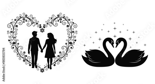 Couple silhouetted within a floral heart and two swans forming a heart shape