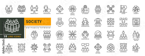 Minimalist Society line icons set with editable stroke, featuring family, crowd, gender equity, diversity, leader, connection, speaker, subbordination, winner, collaboration. thin linear illustration.