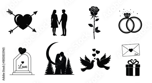Romantic silhouettes and symbols love commitment and wedding elements illustrated