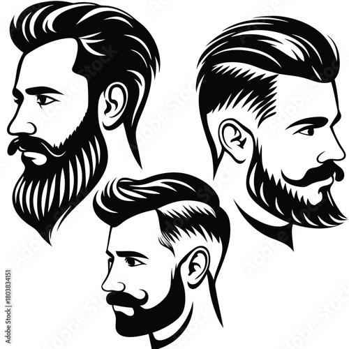 Three bearded men show different hairstyle profiles rendered in black and white contrast