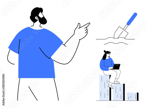 Man pointing for direction, woman analyzing data on a laptop seated on growth chart, digging spade symbolizing groundwork. Ideal for leadership, guidance, teamwork, planning, analytics, strategy