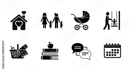 Family life icons depicting home relationships education and daily activities