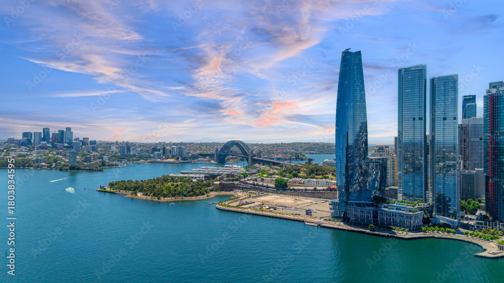 Fototapeta premium 18 November 2025 Panoramic night view of Sydney Harbour and City Skyline of NSW Australia beautiful colourful skies on a beautiful spring day