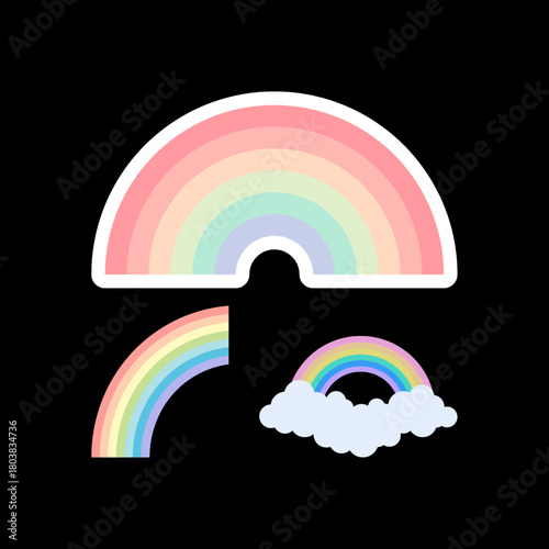 Colorful Summer trendy rainbows vector illustrations. Rainbows and doodles collection. Boho style weather graphics with rainbows, raincloud and the sun isolated on a white background