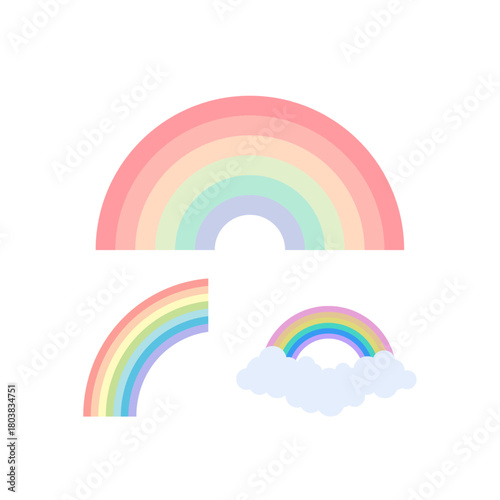Colorful Summer trendy rainbows vector illustrations. Rainbows and doodles collection. Boho style weather graphics with rainbows, raincloud and the sun isolated on a white background