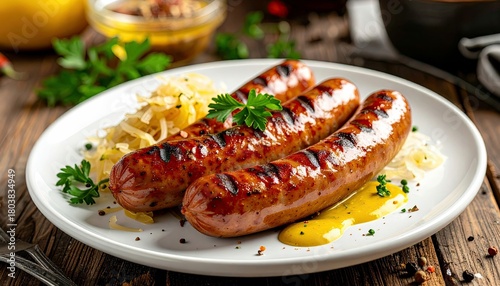 A plate of three juicy, grilled sausages is presented with a side of sauerkraut and a dollop of mustard, garnished with fresh parsley.