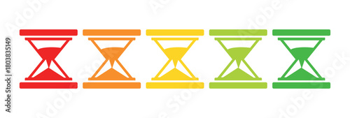 A row of five colorful hourglasses with varying levels of sand on a white background illustration