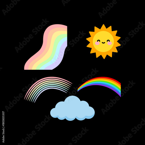Colorful Summer trendy rainbows vector illustrations. Rainbows and doodles collection. Boho style weather graphics with rainbows, raincloud and the sun isolated on a white background