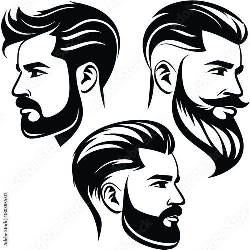 Three bearded men showcase distinct hairstyles in a monochrome portrait style